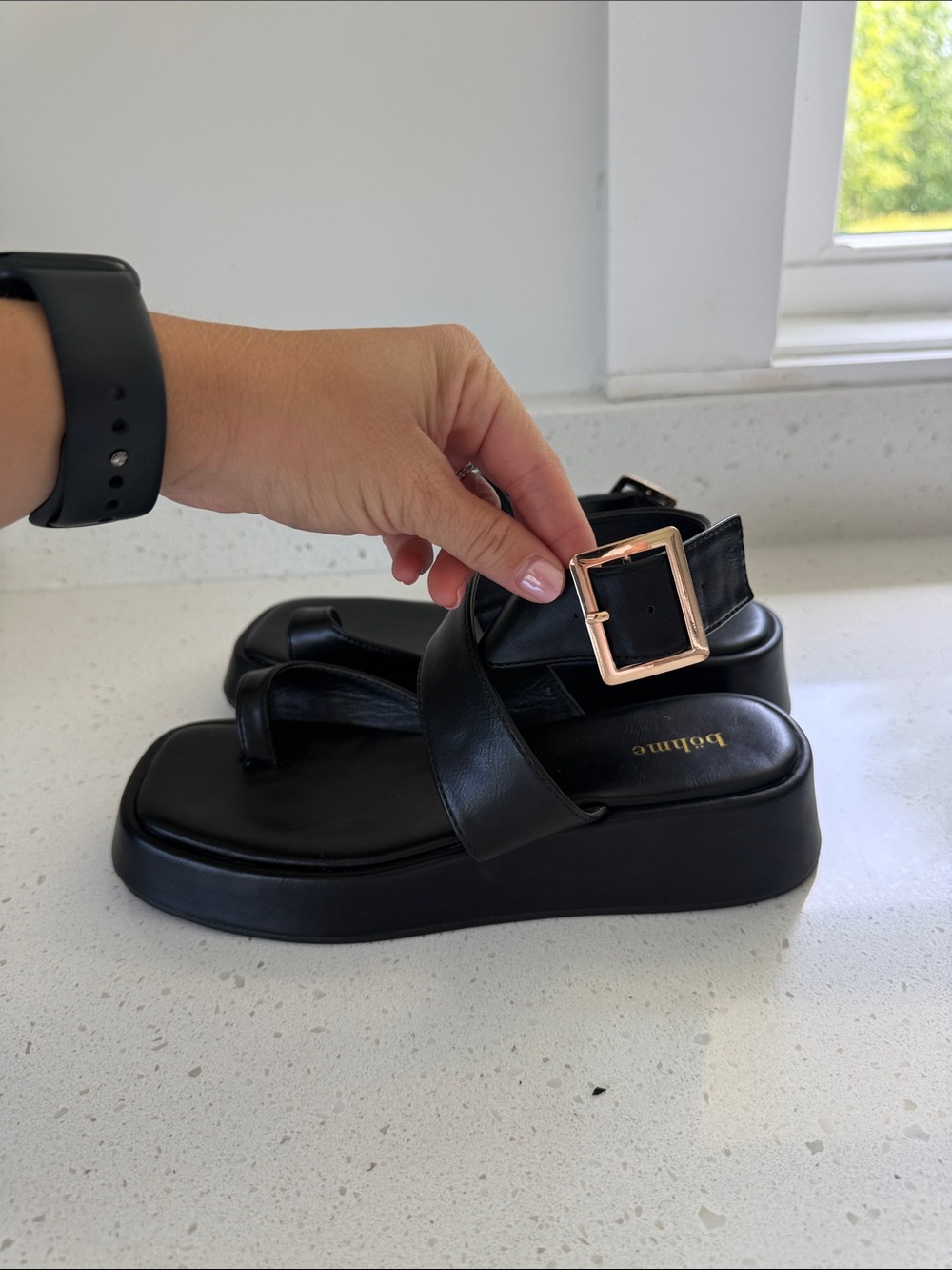 NWT Bohme Black Platform Wrap Sandals with Gold Buckle Size 6